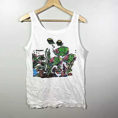 Vtg Single-Stitch Thin Bright Ocean Fish Graphic Bahamas White Cotton Tank Sz M • $16.99