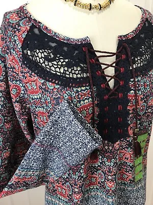 Nwt $59.50 Vintage America Louise Print Lace Up Rhododendron Top Blouse Tunic  L • $32.50