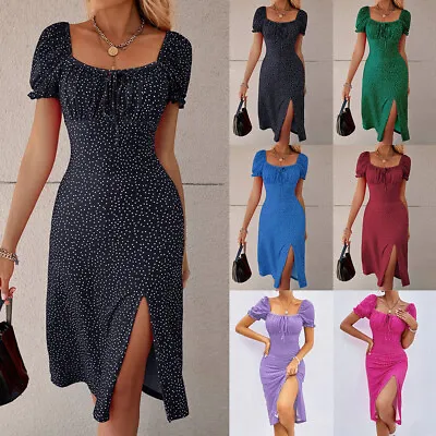 £14.89 • Buy Womens Boho Polka Dot Bodycon Dress Ladies Summer Short Sleeve Slit Sundress UK