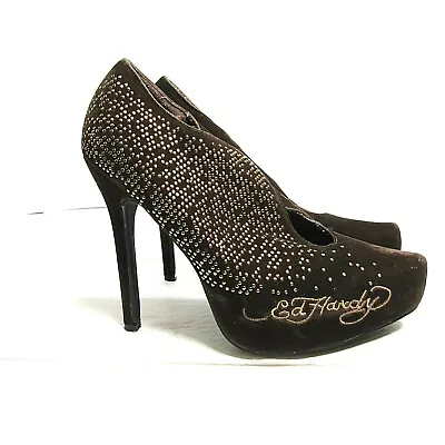 ED HARDY Brown Faux Suede Gold Embellished Signature Pumps/ Heeled Shoes  SZ 7  • $44.97