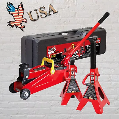 BIG RED 2 Ton Torin Hydraulic Floor Jack Combo 2 Jack Stands & Case T82001S • $80.20