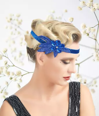 1920s Headband Blue Rhinestone Flower Headpiece Flapper Headband Great Gatsby • $9.99