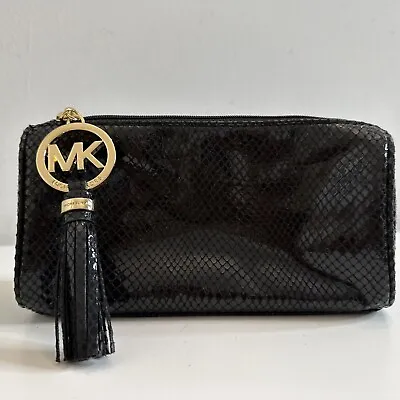 NEW Michael Kors Small Black Snakeskin Make Up Cosmetic Bag Pouch Gold MK Tassel • $30