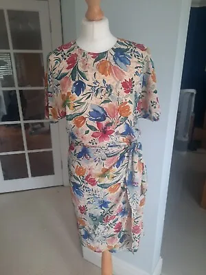 Vintage Silk Dress Floral 90s Maggy London' Cream Rainbow Wrap Tie Waist  Small • £25