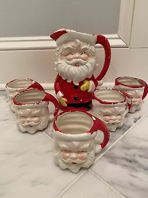 Vintage 1950s Christmas Santa Pitcher & 5 Cups Mugs Set Tilso JAPAN Not Winking • $76