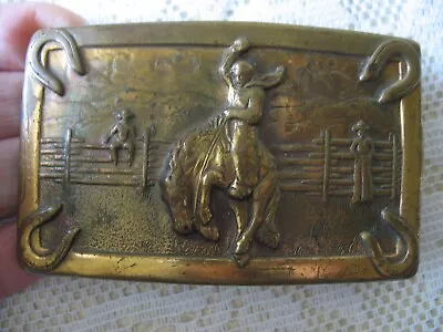 Vintage  COWBOY Bronc-Riding BRASS BELT BUCKLE.  5x2 Inches • $9.95