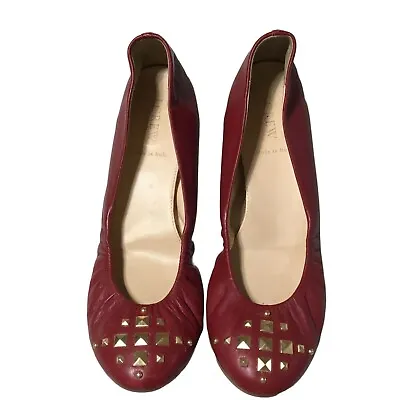 J. Crew Cece Red Leather Pyramid Gold Studded Ballet Flats Italy Made Size 9 • $27.77