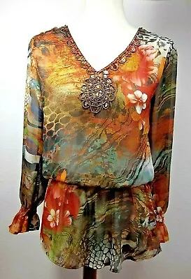 Mushka Sienna Rose Womens Small Embellished Peasant Semi Sheer Chiffon Long Top • $15