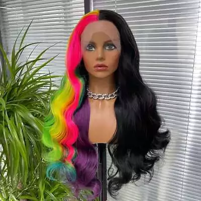 Half Black Half Colorful Long Wave 13x3 Lace Front Wig Synthetic Wig Glueless US • $49.99