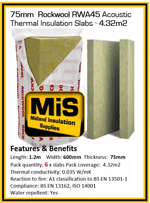 75MM Rockwool Sound Insulation Acoustic Slab | Rockwool RWA45  = 4.32m2 / Pack • £29.99