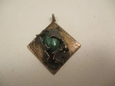 Vintage Sterling Silver Pendant Charm Abstract Brutalist Square Green Malachite • $39.99