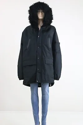 D-Struct Men's Black Faux Fur Trimmed Winter Coat Parka Jacket UK SIZE LARGE • $70.11