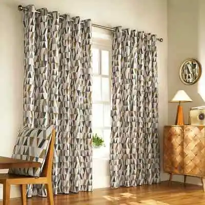 Geometric Eyelet Curtains Gold & Charcoal Scandi Style Fully Lined Pair • £30.99