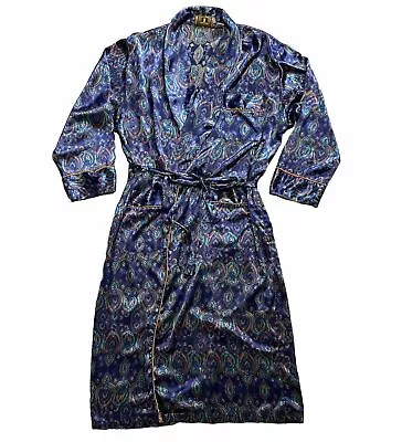 Number 1 London VTG Men L/XL Satin Robe Navy Blue Paisley Belt Lounge *Tiny Flaw • $33.95