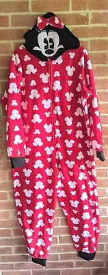 Disney Minnie Mouse Hooded With Tail Pajamas Fleece One Piece Sz L 12-14 • $16