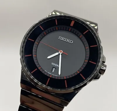 Vintage SEIKO Watch Men's Black Stainless Steel Red Accent Quartz One Of A Kind • $45