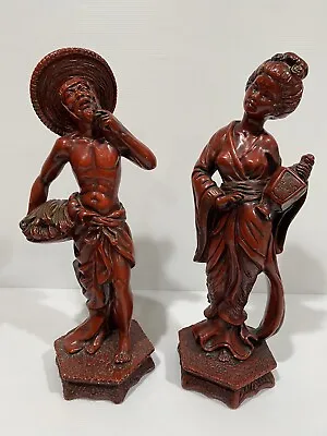Pair Universal Statuary Corp Chicago 1962 Vintage Oriental Statues Figures  16” • $40.63