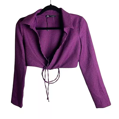 Zara Size Xl Crop Top Wrap Tie Waist Houndtooth Polo Purple Academia • $16.25