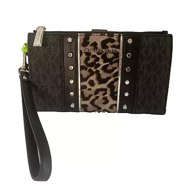 Michael Kors Phone Wallet Adele Leopard Calf Hair Studs Monogram Double Zip W20 • $119.99