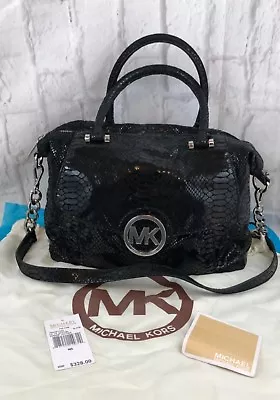 Michael Kors Fulton Black Genuine Leather Pythonembossed Satchel With Dust Bag • $200