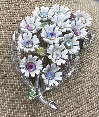 Vintage Lisner Enamel And Rhinestone Flower Blossoms Brooch Pin • $80