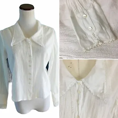 J Jill Victorian Edwardian Crochet Peter Pan Collar Pintuck Button Shirt SP • £19.46