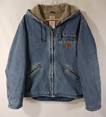 Vintage Carhartt Denim Sherpa Lined Hooded Jacket Men's Size Medium J239 LVN  • $350