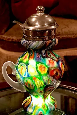 Murano Millefiori Fratelli Toso MCM Italian Art Glass Syrup Jug With Silver Top • $596