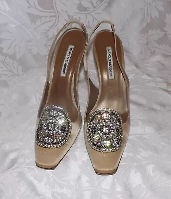 Manolo Blahnik Beige Satin Slingback Heels With Crystal Jewel Buckle • $195