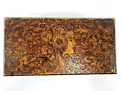 Carved Wood Box Hinged Vtg Flemish Art Company Boho Bohemian Girl Flower Leaves • $29.98