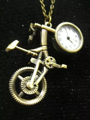 Antique Bronze Quartz Pocket Watch Necklace Bicycle Shape Pendant • $12.95