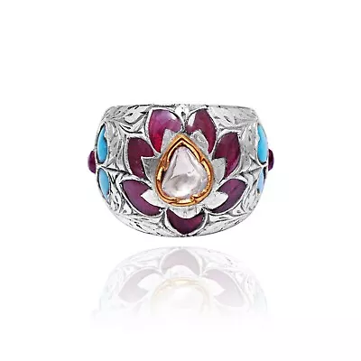 22 Karat Gold Kundan Meena Mughal Diamond Ruby Turquoise Ring Studded  • $410.81