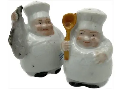 Japan Vintage Chubby Chef Salt & Pepper Shakers Miniature  Fish Wooden Spoon 080 • $13