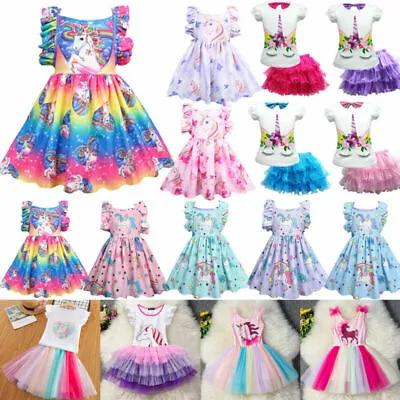 Baby Girls Unicorn Skater Dress Kid's Party Tutu Tulle Dresses Age 3-9 Years Old • £8.39