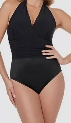 $161 MagicSuit Womens Black DD Cup Ruched Halter Yves One-Piece Swimsuit Size 10 • $51.58