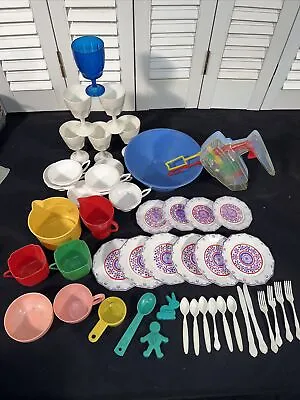 Vintage Play Kitchen Dishes Mixer Plates Plastic Toys Lot Multi Pieces • $32.50