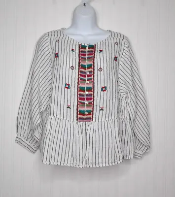 ZARA Basic Blouse White Striped Size Large Embroidered Peplum Hem Button Front • $4.50
