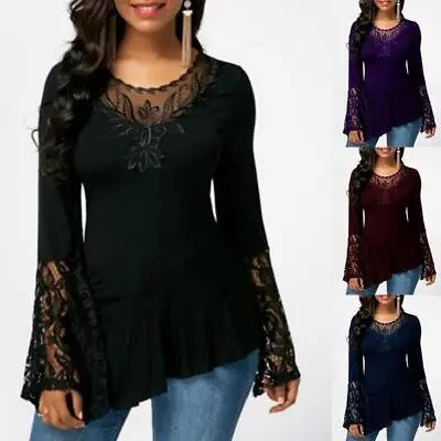 Women Lace Floral Long Bell Sleeve Tunic Tops Ladies Casual Loose T Shirt Blouse • £12.59