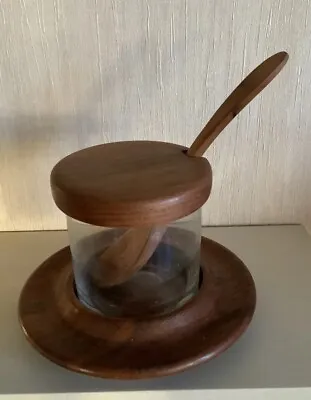 Vintage Mcm Retro Betula Oak And Glass Jam Condiment Pot With Lid And Spoon • £10.99