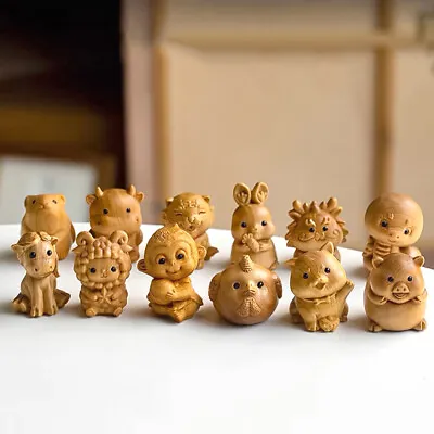 Wood Carving Chinese 12 Zodiac Animal Statue Ornaments Mini Pendant For Keychain • £2.64