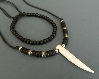 Mens Necklace New Carved Bone Pendant Shark Wolf Tiger Tooth Bracelet Gift Set • £9.99