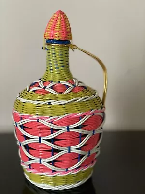 Vintage Viresa Spain Wine Bottle Plastic Multi Color Woven Wicker Metal Handle • $29.99