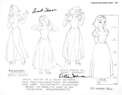 Disney 1971 Publications Model Sheet Snow White Poses UF 3x Signed FT/OJ/MD (1) • $325