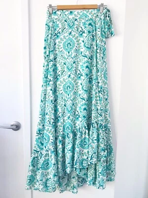 $75 • Buy ARNHEM Size 10 White/Teal High Waisted 100% Rayon Boho Maxi Wrap Skirt