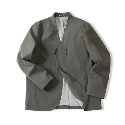 Men's Collarless Suit Jacket Vintage Casual Work Coat Outdoor Retro Coat Grey • $63.69