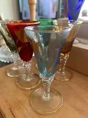 6 Fine Hand Blown Liquer Glasses With Twisted Stem .Different Colours 4''high • £18