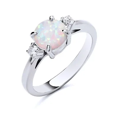 925 Sterling Silver Opal & CZ Three Stone Ladies Ring Size J To S • £14.95