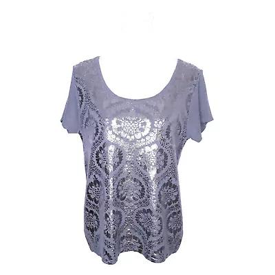 Anthropologie Moth Drawing Room Metallic Foil Gray Short Sleeve Size M Pre-Owned • $12.50