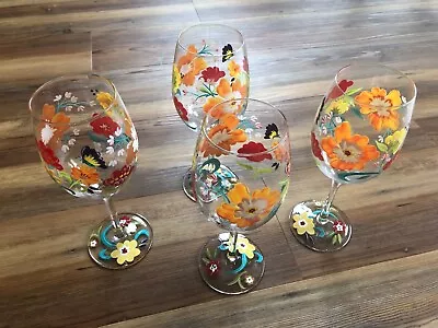 Hand-Painted Wine Glasses Set Of 4 Flowers Spring Colorful • £11.57