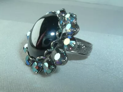 Vintage Hematite & Aurora Borealis Rhinestone Cocktail Ring Adjustable  • $27